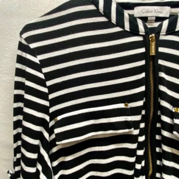Calvin Klein Women's Half Zip Large White Black Stripe Gold CK Logo Buttons GUC - Picture 2 of 13